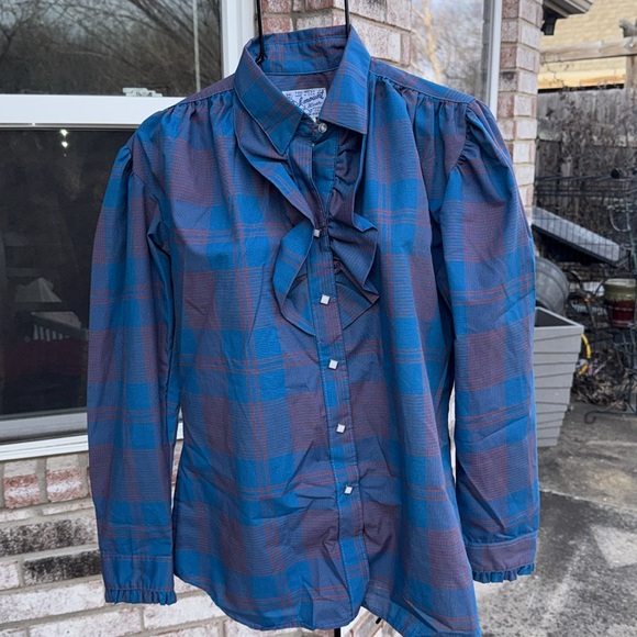 Nos Vintage Rockmount 38 Teal Rust Plaid Pearl Snap Blouse USA made - Picture 4 of 9